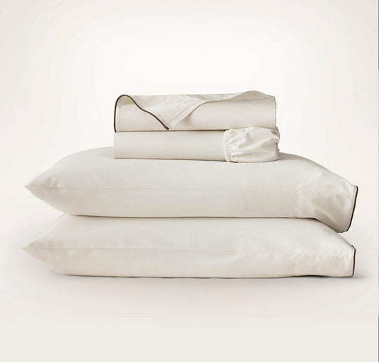 Percale Embellished Sheet Set Cream/Deep Walnut Piped Edge