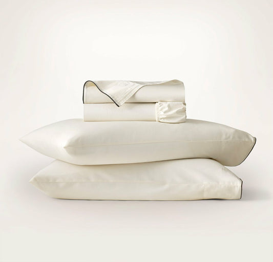 Signature Embellished Sheet Set Cream/Deep Walnut Piped Edge