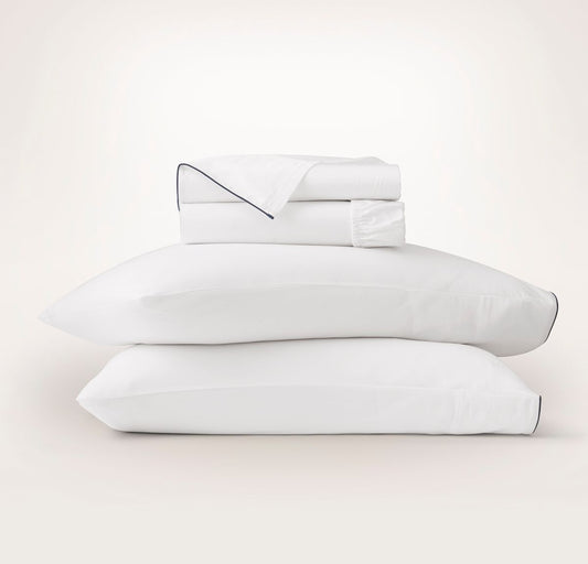 Signature Embellished Sheet Set White/Coastal Navy Piped Edge
