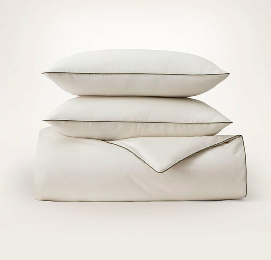 Percale Embellished Duvet Set Cream/Deep Walnut Piped Edge
