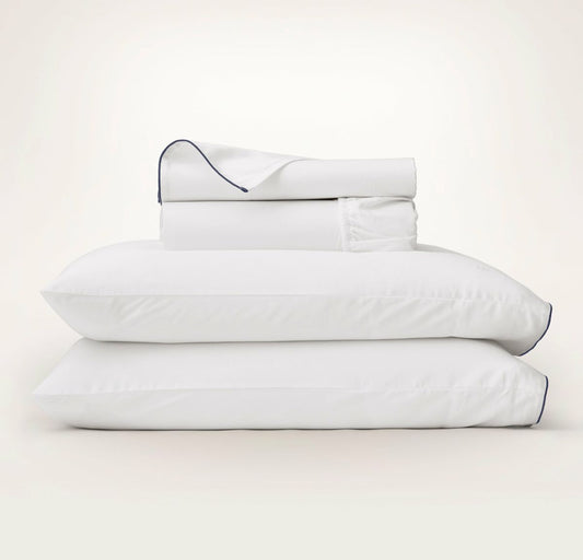 Percale Embellished Sheet Set White/Coastal Navy Piped Edge