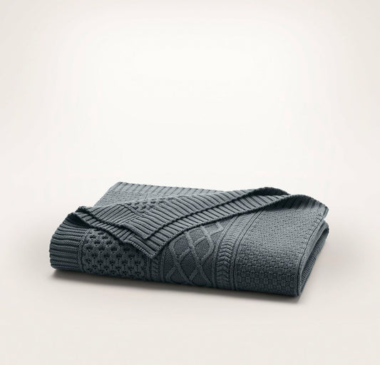 Aran Knit Throw Blanket Deep Bluestone